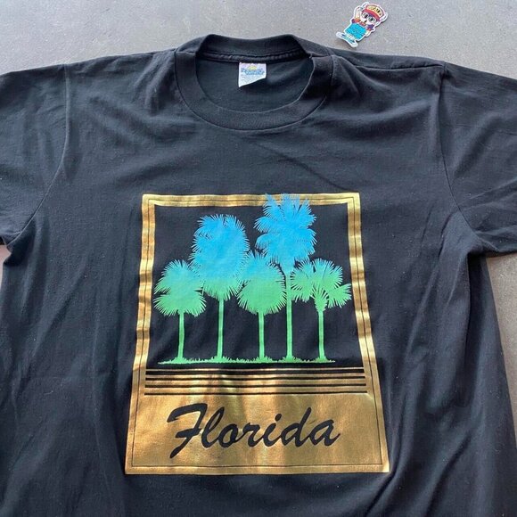 Vintage 90s Florida Palm Tree Black Graphic Tee Shirt Single Stitch Extra Large - Picture 2 of 7